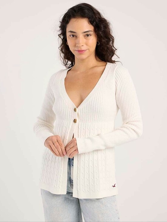 Hollister Sweaters - Hollister Cream Ribbed Cable-Knit V-Neck Cardigan